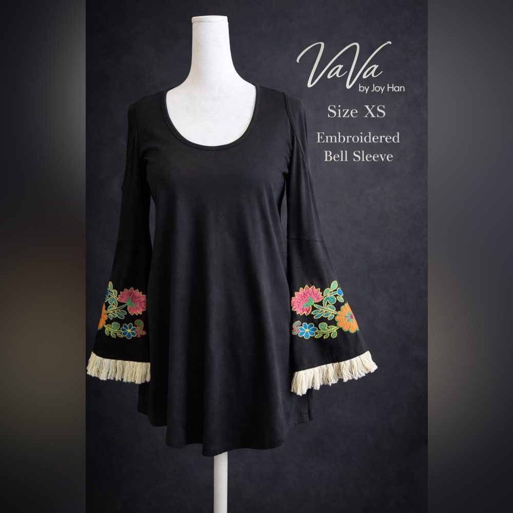 Vava by Joy Han Black Embroidered Bell Sleeve Tunic with Colorful Embroidery